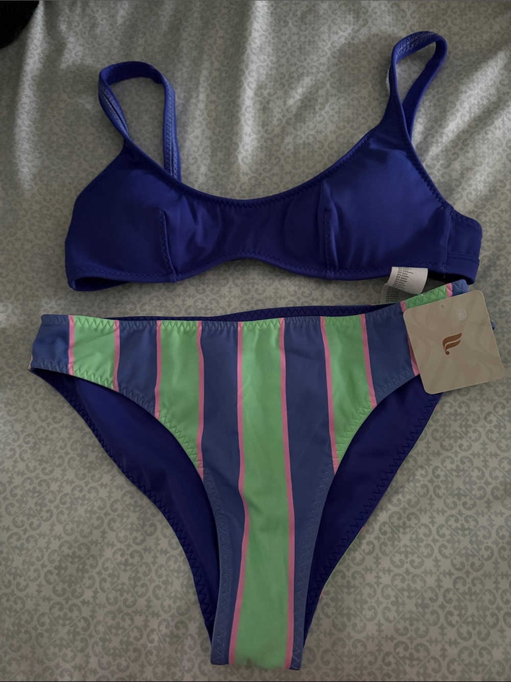 Fabletics Blue Bikini with Mint Green and Pink Stripe Bottoms